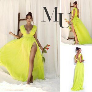 Valley Of Angels Lime Silk Pleated High Slit Maxi Dress